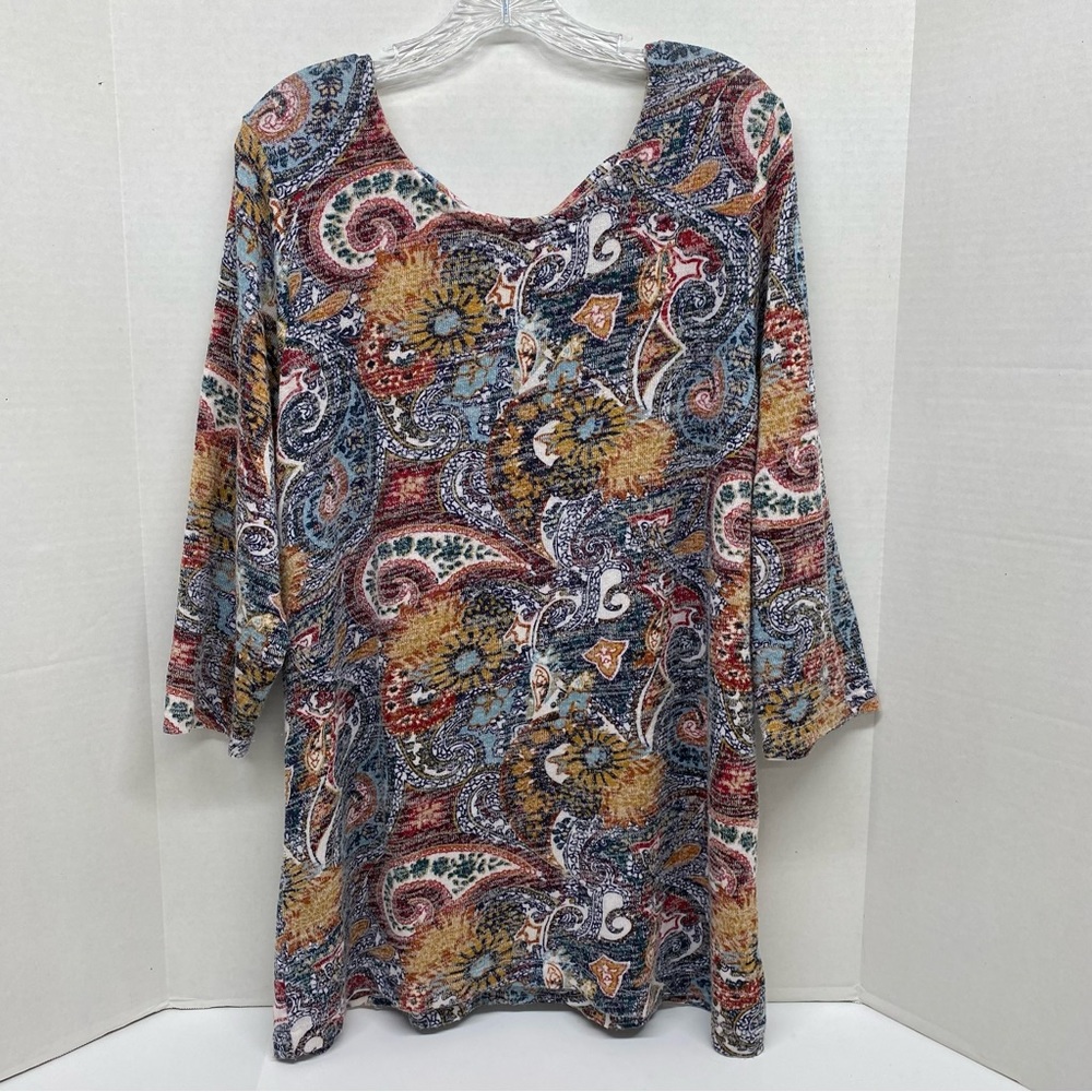 Kate Park Womens Size 1X Earthtone Colors Paisley Print Pullover Tunic Top Flowy